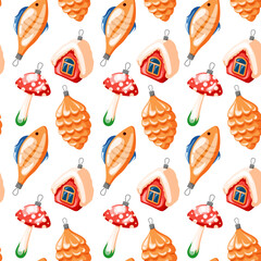 Christmas tree toys seamless pattern in cartoon style. New Year glass balls in shape of fish, house, pine cone and fly agaric. Festive xmas print. Vector illustration isolated on a white background.