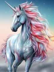 Naklejka na ściany i meble Unicorn. A fabulous white horse with a multicolored mane and tail. A mythical creature. Colorful illustration in light blue and pink tones.