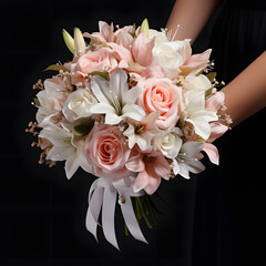 Wedding elegant bouquet in the hands of the bride. Luxury flowers for a wedding event. The bride's festive bouquet.
