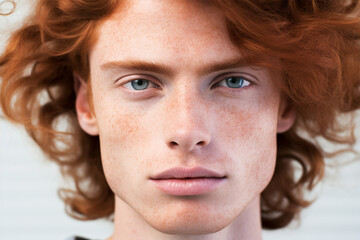 Close up portrait of a handsome young man with clear skin and curly red hair on a light background.salon and beauty concept