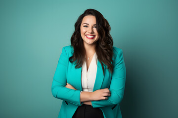 Slightly overweight businesswoman smiling confidently. Bold and vibrant clean minimalist studio portrait, copy space. - obrazy, fototapety, plakaty