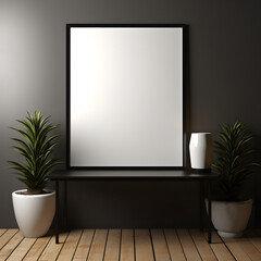 Interior poster mockup with a square metal frame and plants in a vase against a white wall.