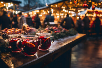 Christmas background with mulled wine on a wooden table. background for text or product. - obrazy, fototapety, plakaty