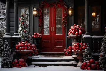 New Year concept background of red door in Christmas decoration with bright red Christmas tree balls. Christmas celebration, home decoration, family holiday. Copy space. - obrazy, fototapety, plakaty