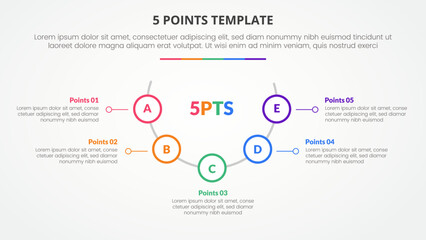 5 points stage template infographic concept for slide presentation with half circle with outline circle on line with 5 point list with flat style