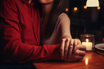 Romantic couple holding each other's hand at dinner in a restaurant - obrazy, fototapety, plakaty