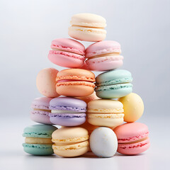Obraz premium Macaroons close-up. A pyramid of cakes. A pile of cookies. Delicate pink and blue colors, delicious dessert.