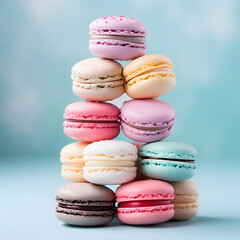 Obraz premium Macaroons close-up. A pyramid of cakes. A pile of cookies. Delicate pink and blue colors, delicious dessert.