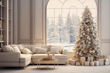 Large view of a modern cream style living room with Christmas decorations, tree and Christmas gifts.