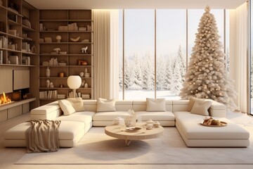 Large view of a modern cream style living room with Christmas decorations, tree and Christmas gifts. - obrazy, fototapety, plakaty