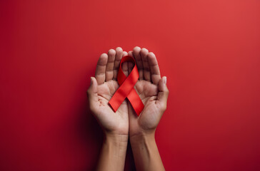 World AIDS Disease Day. Hands with red awareness ribbon on red background. - obrazy, fototapety, plakaty