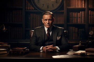 A mafia boss sitting confidently behind a large, polished wooden desk in a luxurious office.