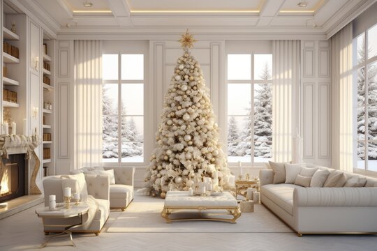 Fototapeta Large view of a modern cream style living room with Christmas decorations, tree and Christmas gifts.