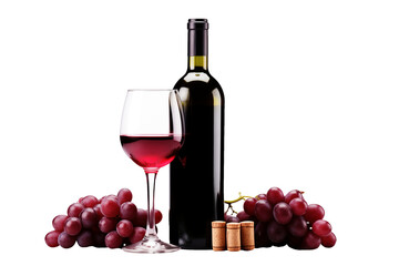 bottle of wine and grapes and glass of wine isolated on white background