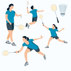Badminton player vector illustration set. Illustration for website, landing page, mobile app, poster and banner. Trendy flat vector illustration