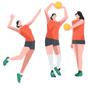 set, women's volleyball sport, character flat design