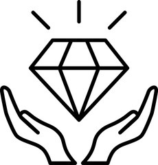 Linear vector icon of a diamond in the hands as a company main values concept