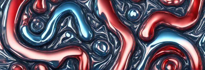 Chrome metal y2k in triball style Abstract red and blue colorful pattern with chrome wave - obrazy, fototapety, plakaty
