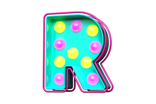 1980s style typography character R. Light bulb marquee letters. High quality 3D rendering.