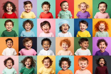 Collection of young laughing children or kids and babies background group of multicultural people - obrazy, fototapety, plakaty