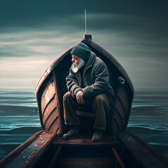 Lonely Seaside Reflection: Sad Man on Boat Illustration