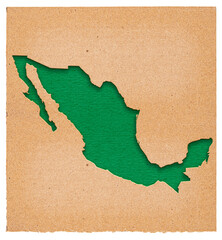 Mexico Map. Green grass. Mexico map made from cutted papers with green grass. Map of Mexico made with crumpled kraft paper. Handmade map with recycled material. Green. Texture. Green.