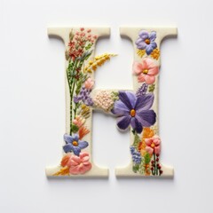 The letter h is decorated with flowers and leaves. Embroidery effect, floral design.