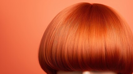  a close up of a woman's head with a bright orange hair color and a short blunted bob with bangs on top and bottom part of the head, on an orange background. - obrazy, fototapety, plakaty