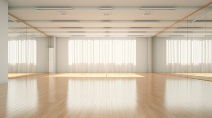 A room with a mirror and a wooden floor. Dancing studio mockup.