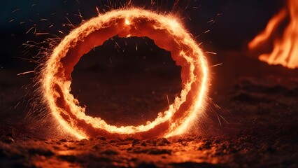 fire burning in the dark A ring of fire erupting from a volcano, sending sparks and ash into the air 