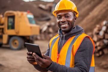 Mature African American man stands at construction site against tractors. Senior African American engineer in helmet with tablet in hands smiles posing