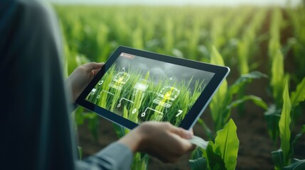 An agronomist checks the yield with a tablet. Harvest success with new technologies