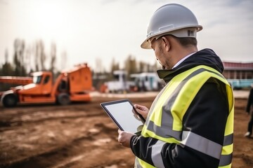 A middle aged Caucasian industrial engineer in white hard hat and working on tablet PC. Foreman or Supervisor on construction site.