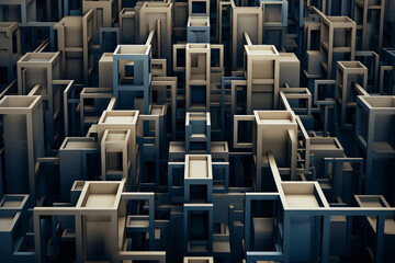 Abstract 3D geometric city of beige and blue blocks