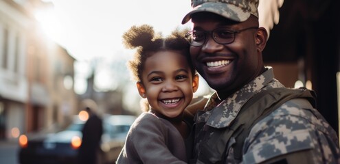 Patriotic African American soldier shares an emotional hug with his daughter after returning home from serving his country