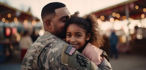 Patriotic African American soldier shares an emotional hug with his daughter after returning home from serving his country - Powered by Adobe