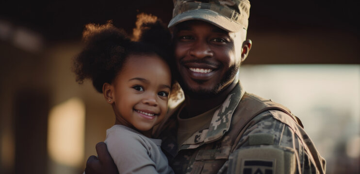 Patriotic African American soldier shares an emotional hug with his daughter after returning home from serving his country - Powered by Adobe