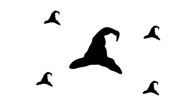 Zoom in and out animation the wizard hat symbol. Large black symbol in the center and four small symbols around. Seamless looped 4k animation on white background