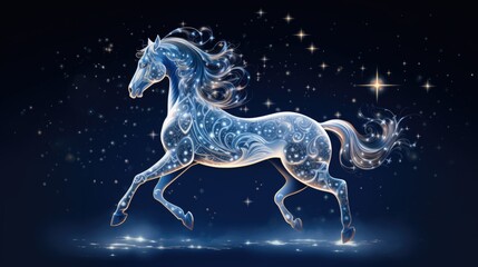 A white horse is running through the night sky.