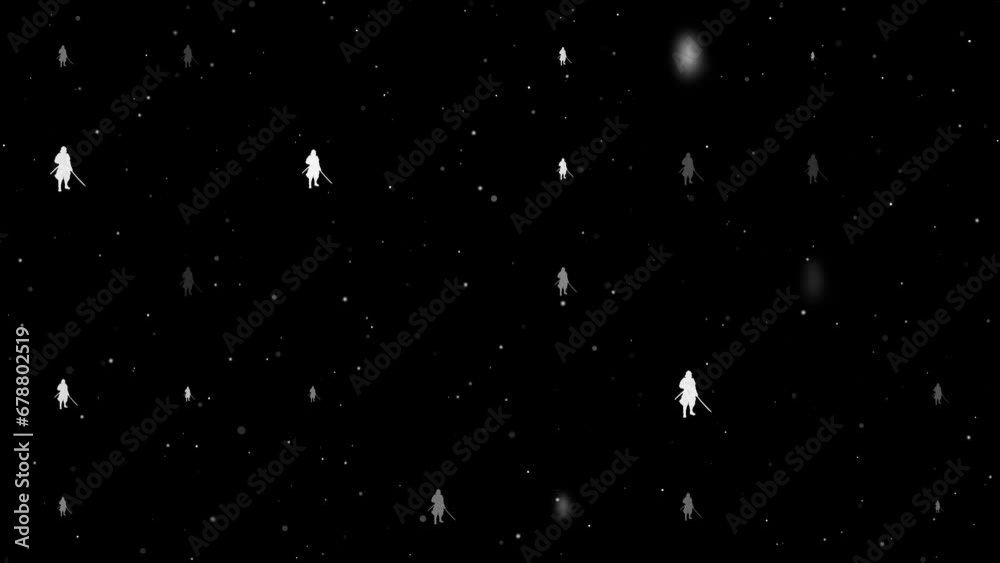 Poster template animation of evenly spaced samurai symbols of different sizes and opacity. animation of tra
