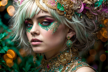 Fototapeta premium Portrait of a woman in carnival mask, vibrant make-up