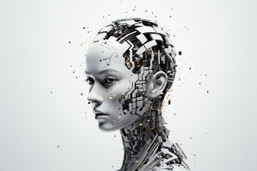 Female cyborg face disintegrating into digital pixels