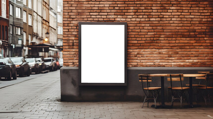 Transparent urban poster frame mockup on brick wall