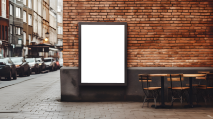 Transparent urban poster frame mockup on brick wall