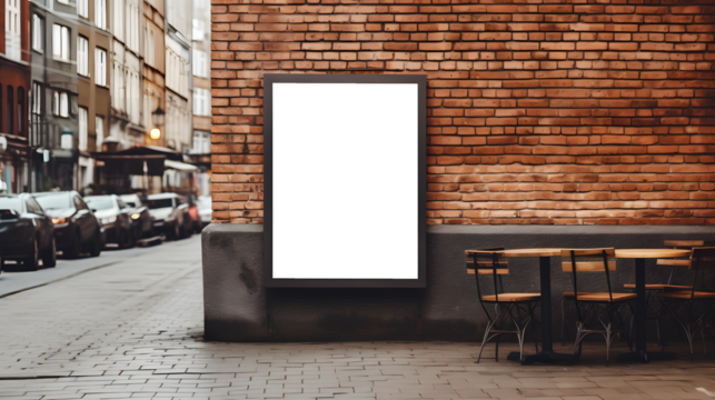 Transparent urban poster frame mockup on brick wall