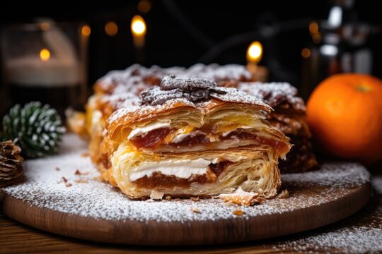 A close up of an Apfelstrudel or apple strudel pastry on a cutting board.