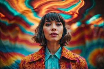 Fototapeta premium Portrait of a woman in a retro style vibrant jacket posing against a colorful backdrop.