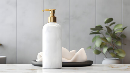 Cosmetic bottle mockup with blank label on marble - obrazy, fototapety, plakaty