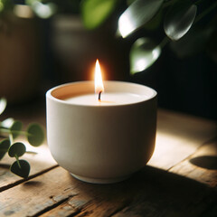 Obraz na płótnie Canvas Photo of a white candle in a ceramic holder, lit and angled to create an artistic and serene scene. The candle is placed on a rustic wooden table, with a backdrop of blurred green plants.