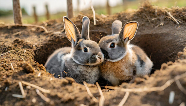 cute adorable rabbits bunnies hugging together in a farm holes dug in the ground is their home high quality photo